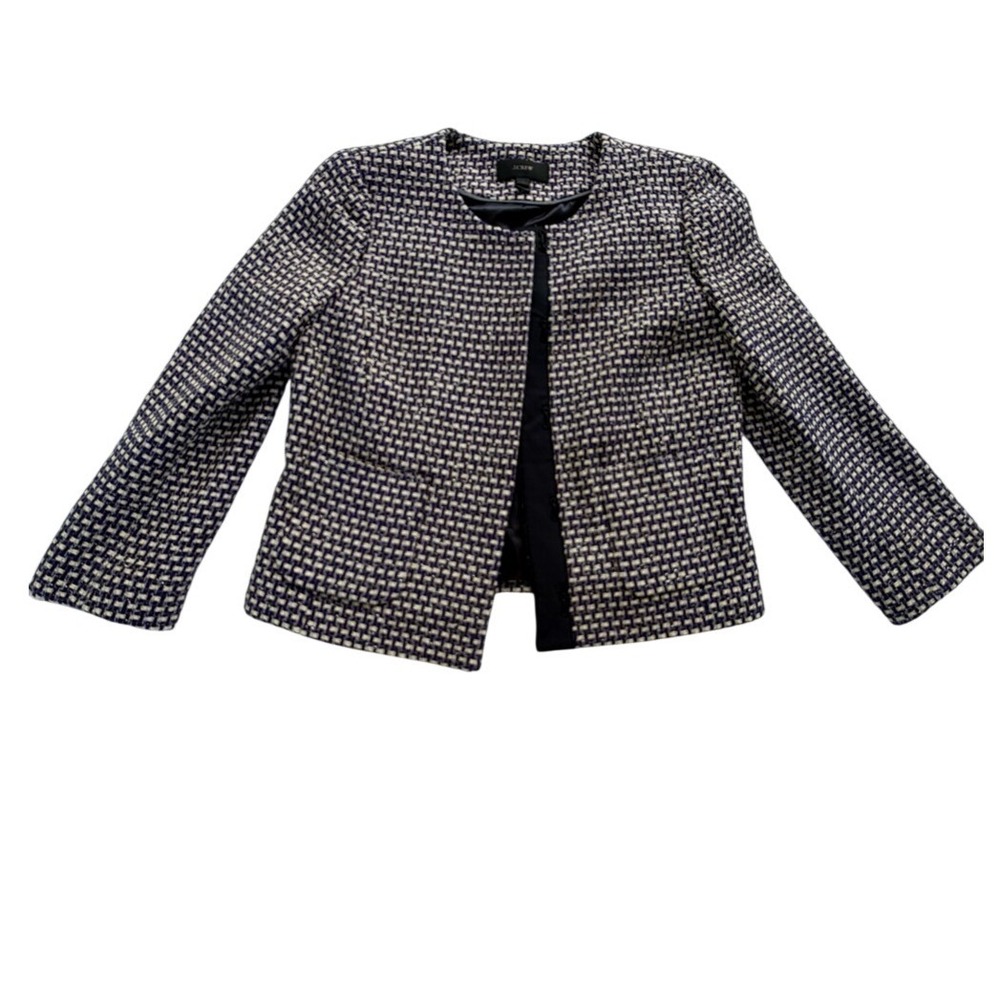 J.Crew Multicolored Blue, White & Black Tweed Cropped Collarless Jacket Silk